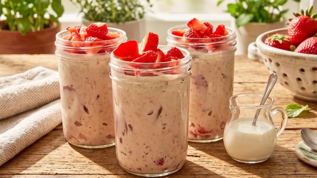 Muita proteína no pote com morango amendoim e aveia